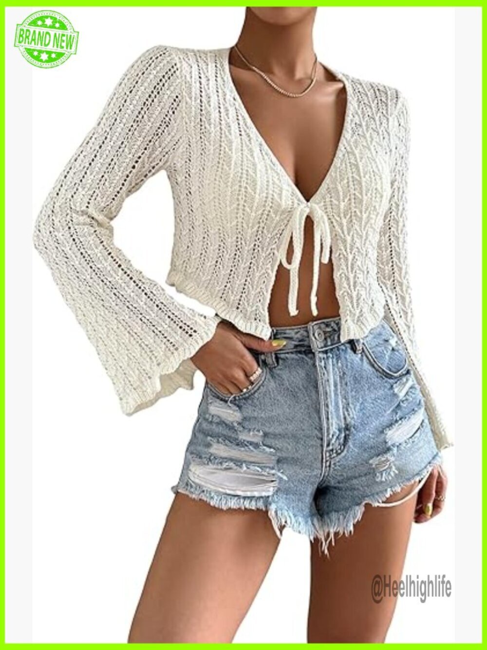 Cropped Cardigan with Scallop Trim and Tie Front, Long Sleeve Lightweight